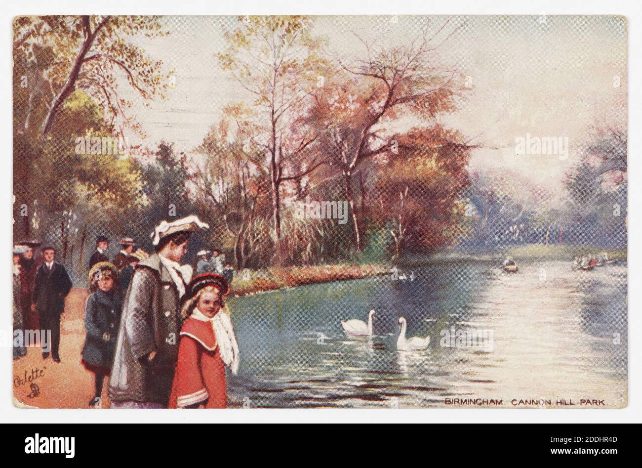 Postkarte, Birmingham, Cannon Hill Park, 1908 topographische Ansichten, See, Gesellschaftsgeschichte, Garten, Jahreszeit, Winter, Birmingham Geschichte, Vogel, Schwan, Hand-getönt, Gesellschaftsgeschichte, Erholung & Freizeit Stockfoto