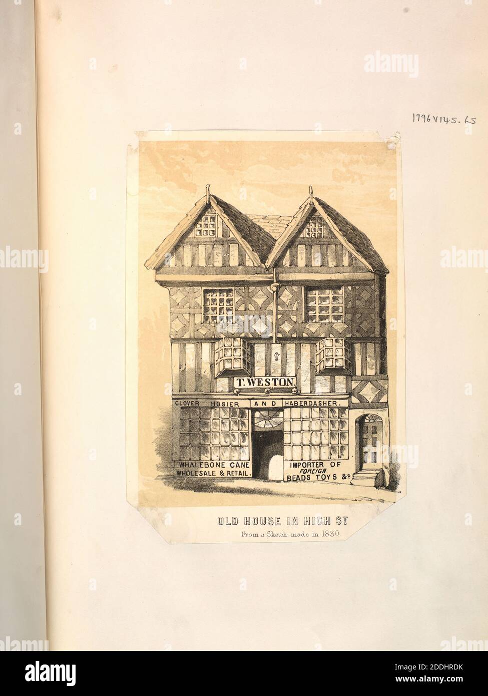 Lithographie, Old House in High Street, Birmingham Topographische Ansichten, Vol.iii, Topographische Ansichten, Shop, Architektur, Birmingham Geschichte, Street Scene Stockfoto