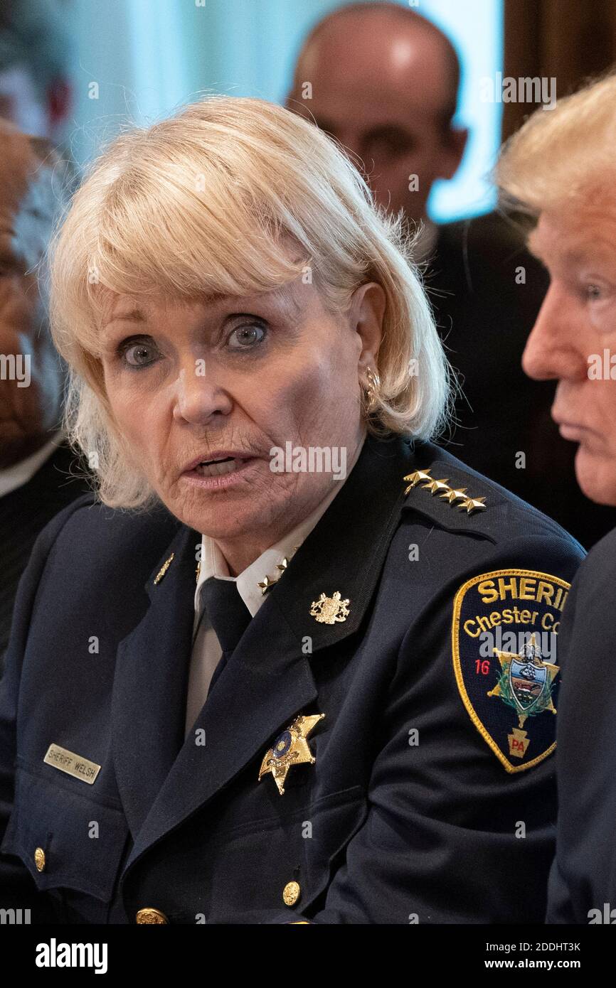 Chester County, Pa Sheriff Carolyn „Bunny“ Welsh nimmt an einer Diskussionsrunde über Grenzsicherheit und sichere Gemeinschaften Teil, die vom US-Präsidenten Donald J. Trump am 11. Januar 2019 im Weißen Haus in Washington, DC, veranstaltet wird. Der jetzt pensionierte Sheriff wurde mit Diebstahl und Umleitung von Dienstleistungen in einem angeblichen System, um Steuerzahler für Freiwilligenarbeit zugunsten einer K-9-Einheit in Chester County am 24. November 2020 in Rechnung gestellt. Quelle: Chris Kleponis/Pool via CNP - weltweite Nutzung Stockfoto