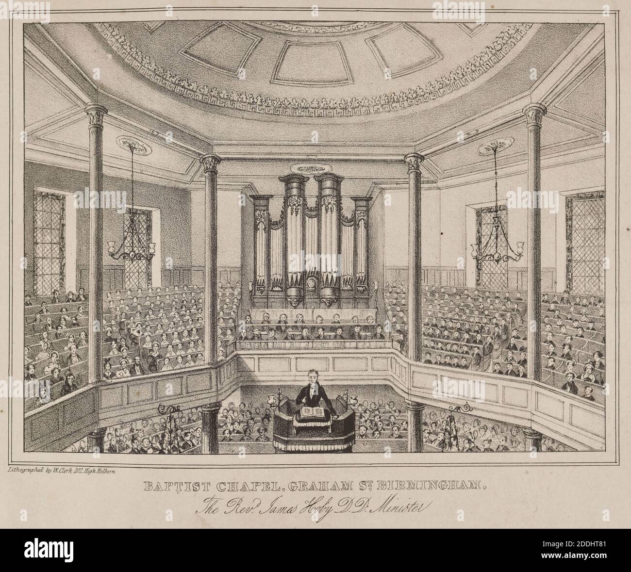 Lithographie, Innere der Baptist Chapel, Graham Street, Lithograph: W Clerk, Topographische Ansichten, Druck, Lithographie, Birmingham Geschichte, Architektur, Kirche Stockfoto