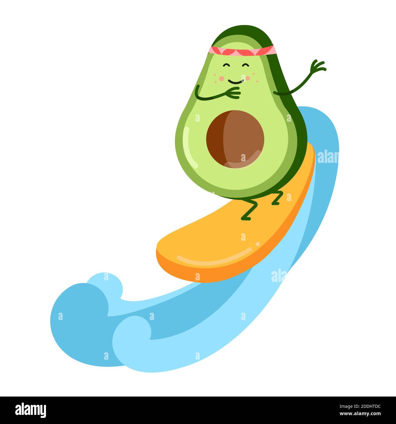 Niedliche Cartoon Avocado auf Surfbrett. Cute Lebensmittel Cartoon Charakter Vektor isoliert auf dem Hintergrund Stockfoto