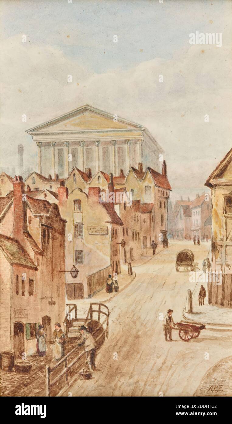 Topographische Ansicht von Birmingham, Watercolor Hill Street and Town Hall, Birmingham, von Allen Edward Everitt, Sozialgeschichte, topographische Ansichten, England, Midlands Stockfoto