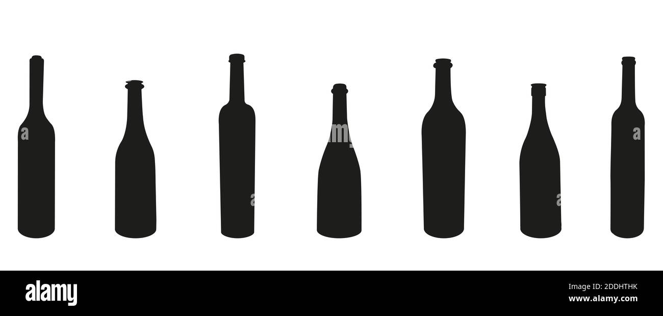 Set von Form Weinflasche in weißem Hintergrund. Vektor-Illustrationen auf weißem Hintergrund.Schwarze Silhouetten von Wein Stockfoto