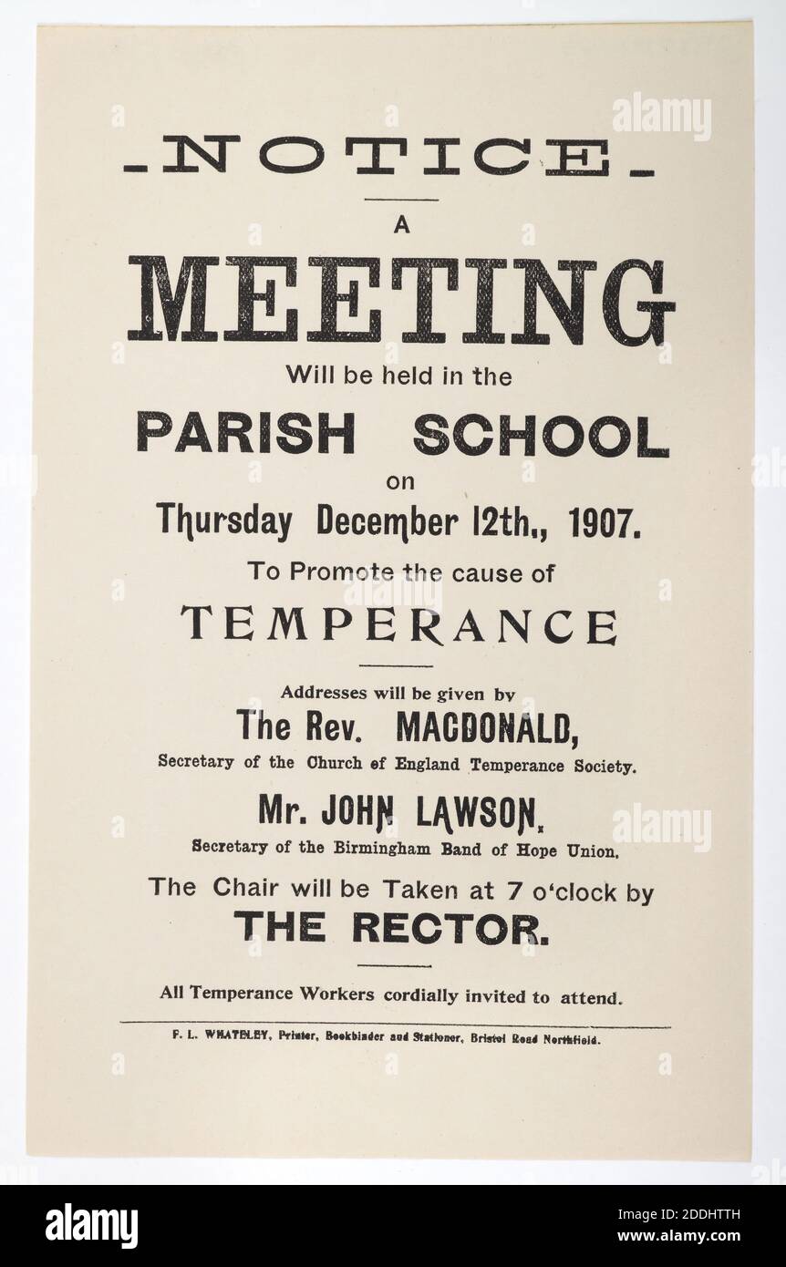 Flugblatt, Temperance Meeting, Birmingham, 1907 Drucker: F L Whateley, möglicherweise an der Northfield School, Birmingham Geschichte, Reklamen, Temperance Stockfoto