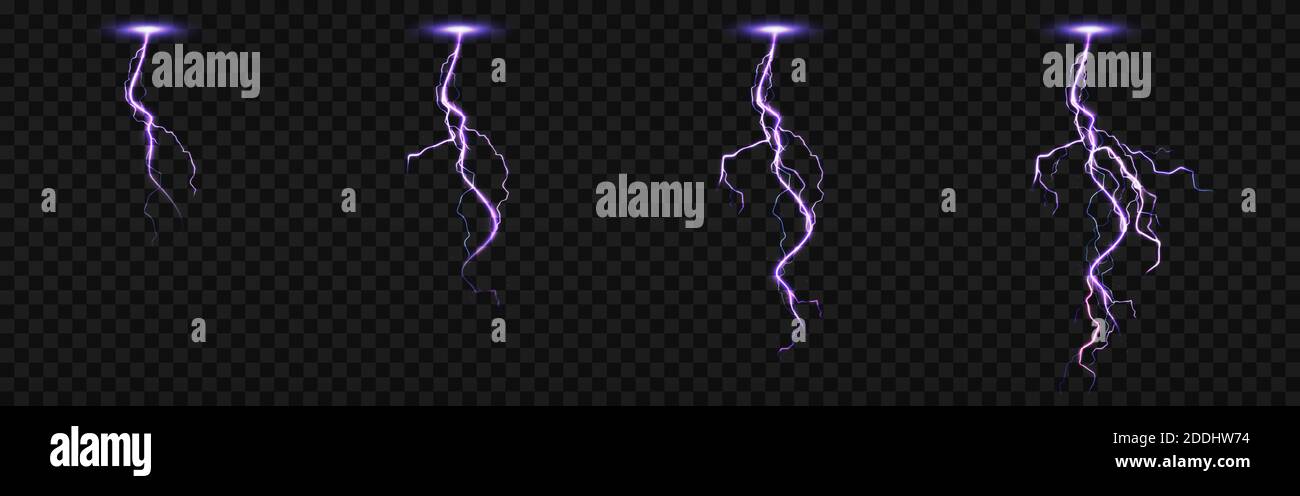 Sprite Sheet mit Blitzen, Thunderbolt Strikes Set für fx Animation. Vektor realistische Satz von lila elektrischen Aufprall in der Nacht, Funkenbildung Entladung von Gewitter isoliert auf transparentem Hintergrund Stock Vektor