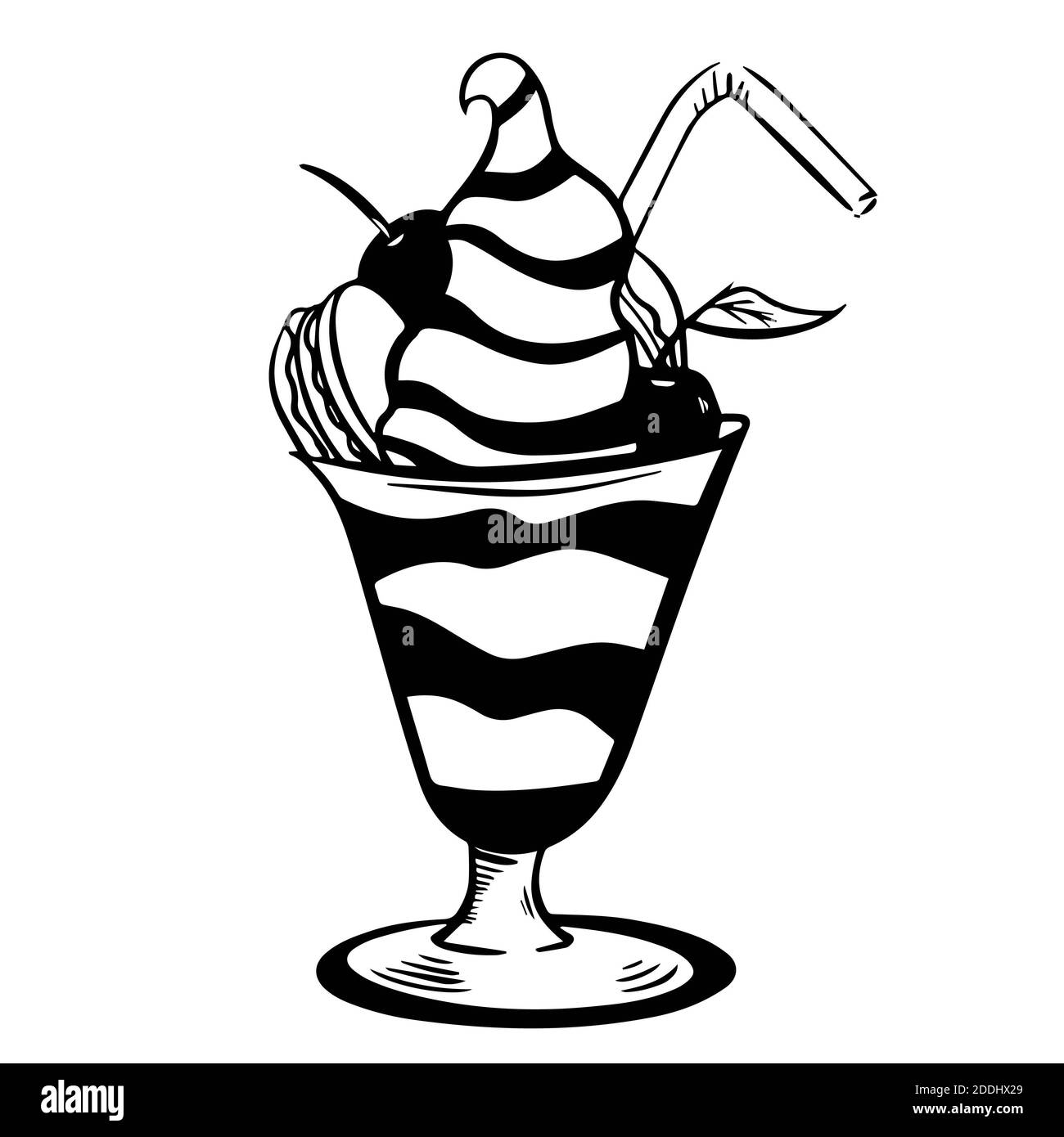 Illustrieren von Eis creame in Glas mit Kirsche, Makronen isoliert auf weißem Hintergrund. Handgezeichnete schwarz-weiße Vektorgrafik. Kabine verwendet werden in Stockfoto