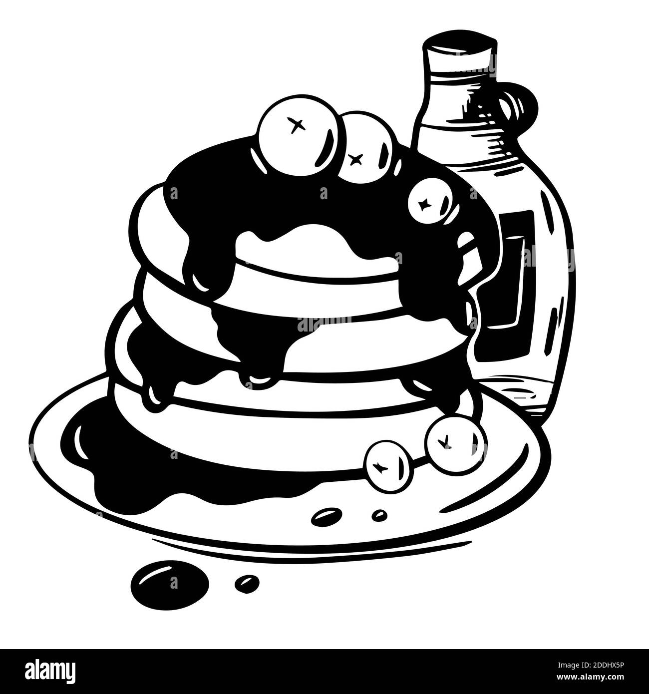 Handgezeichnete Abbildung von Pfannkuchen in Sirup mit Heidelbeeren in Vektor auf weißem Hintergrund. Skizzieren Sie Pfannkuchen isoliert. Illustration für Menü, Café, fo Stockfoto