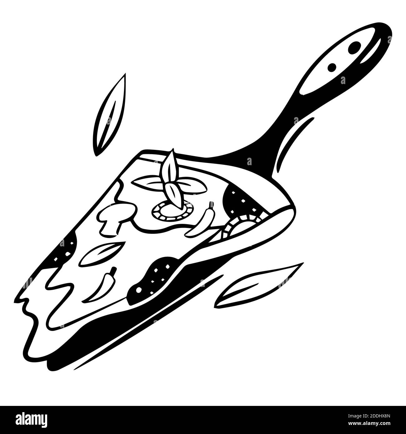 Pizza Skizze Vintage Illustration auf isoliertem Hintergrund. Pizza mit fließendem Käse, Pilzen und Würstchen auf weißem Hintergrund. Retro Pizza Vektor.Han Stockfoto