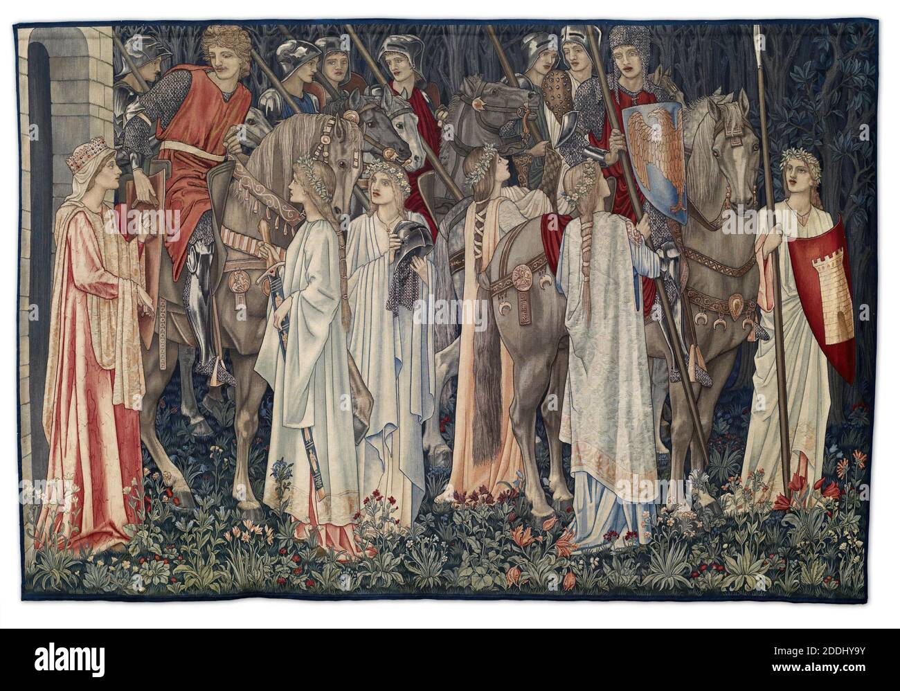 Quest for the Holy Gral Tapisserien, Tafel 2, die Bewaffnung und Abfahrt der Ritter, 1895-96 Designer: Sir Edward Burne-Jones Designer: William Morris, Designer: John Henry Dearle Hersteller: Morris & Co, das zweite Erzählpanel der Serie., Angewandte KunstPräraffaelite, Tapisserie, Ritter, Artuslegende, Heiliger Gral Stockfoto