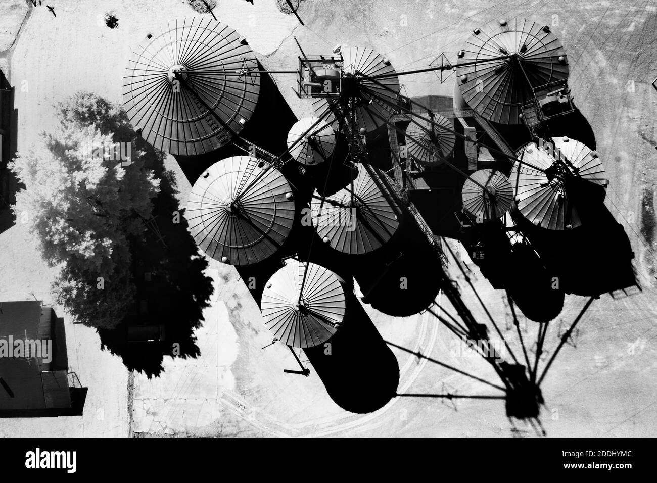 Draufsicht auf den alten Helwig Grain Elevator in Cortland, IN Stockfoto