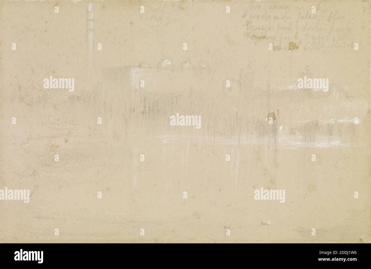 Turner's The Sun of Venice Going to Sea, Studie, 1843 Künstler: John Ruskin nach: JM W Turner, EINE Kopie des Dogenpalastes und des Campanile von Turner's 'The Sun of Venice Going to Sea', mit Farbnoten., Landschaft, Bleistift, Kreide, Italien, Skizze, Präraffaelite Stockfoto
