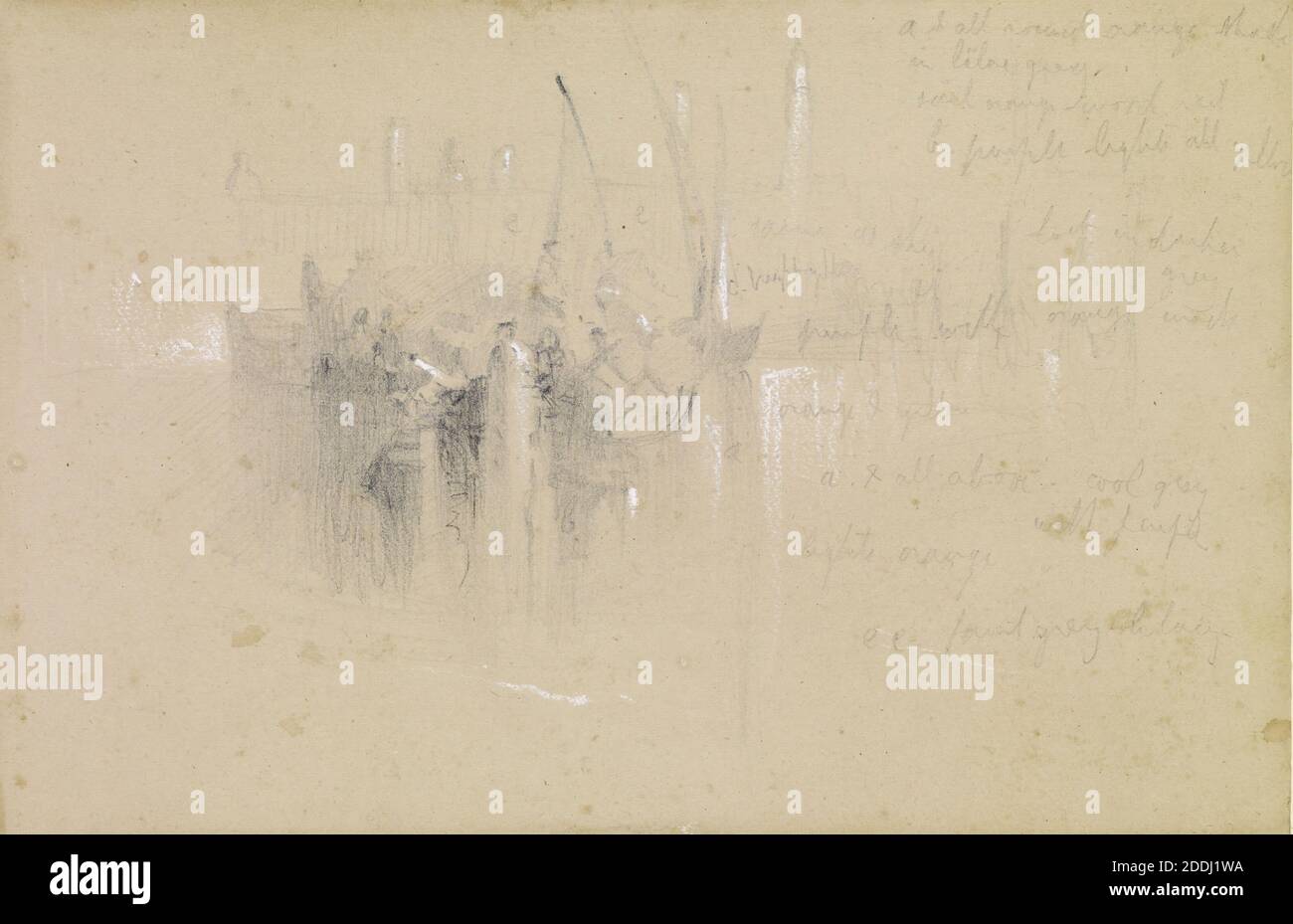 Turner's The Sun of Venice Going to Sea, Studie, 1843 Künstler: John Ruskin nach: J M W Turner, EINE Kopie der Boote und des Campanile von S. Francisco della Vigna auf der rechten Seite von Turners 'die Sonne von Venedig auf dem Weg zum Meer', mit Farbnoten., Bleistift, Kreide, Italien, Skizze, Präraffaelite Stockfoto