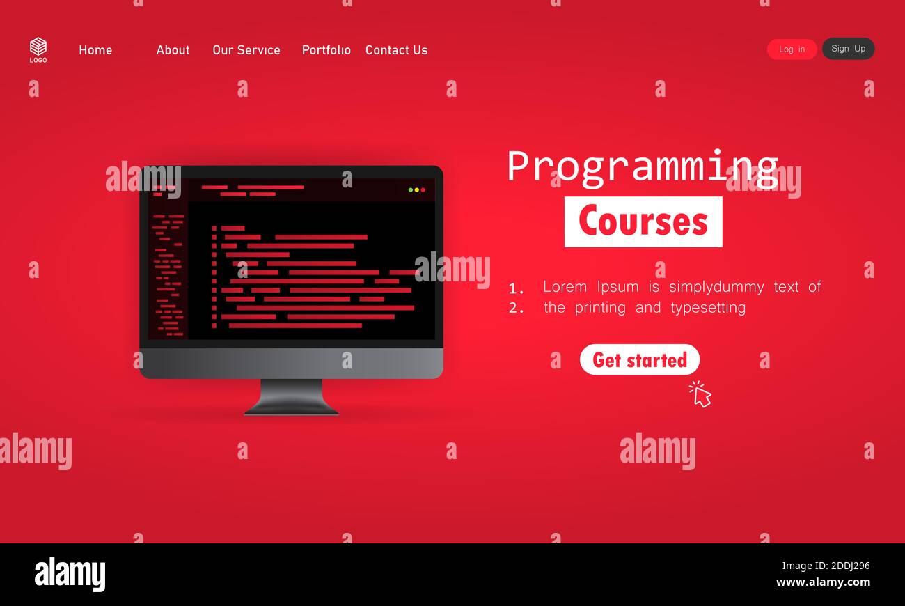 Abbildung zu Programmierkursen. Cyber-Bildung Kurskonzept. Lernen der Programmierung auf dem Computer. Vektor auf isoliertem Hintergrund. EPS 10 Stock Vektor