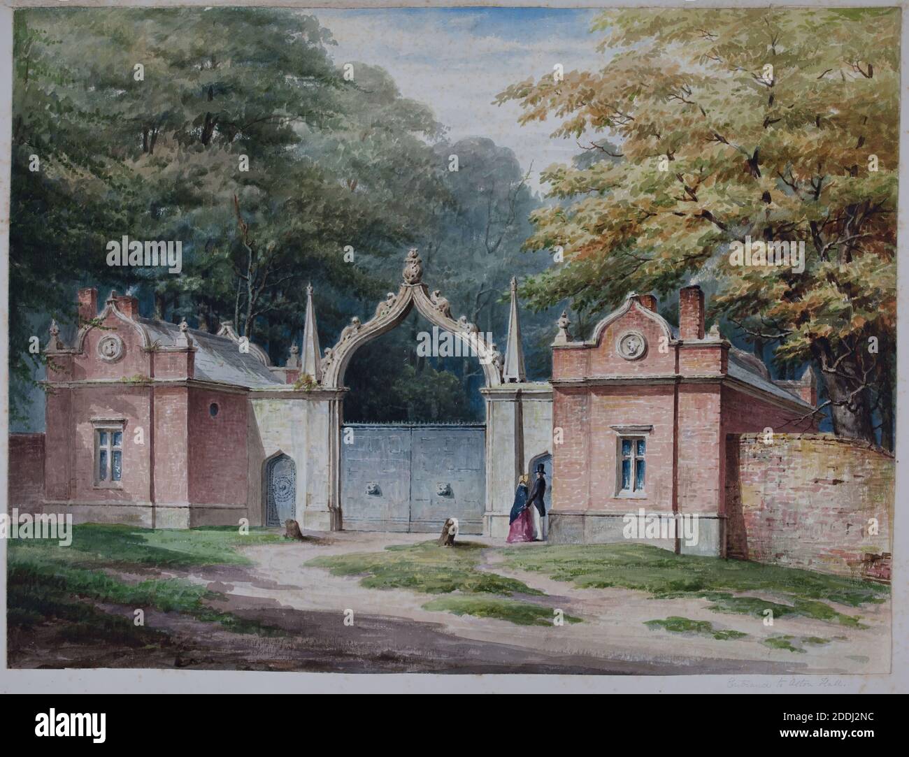 Lodge Gates, Eingang zur Aston Hall, 1850-1880 Elijah Walton, Aquarell, topographische Ansichten, West Midlands, Eingang, Architektur, Birmingham Geschichte, England, Midlands, Tor, Arbeiten auf Papier Stockfoto