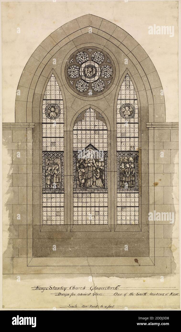 Design for Stained Glass, Kings Stanley Church, Gloucestershire, 1860-62 Künstler: Philip Speakman Webb (gest.1915) Zugegeben zu (früher): Sir Edward Burne-Jones, Fenster, Kunstbewegung, Pre-Raphaelite, Angewandte Kunst, Kunst und Handwerk, Zeichnung, Tinte, Glasmalerei, Architektur, Design Stockfoto