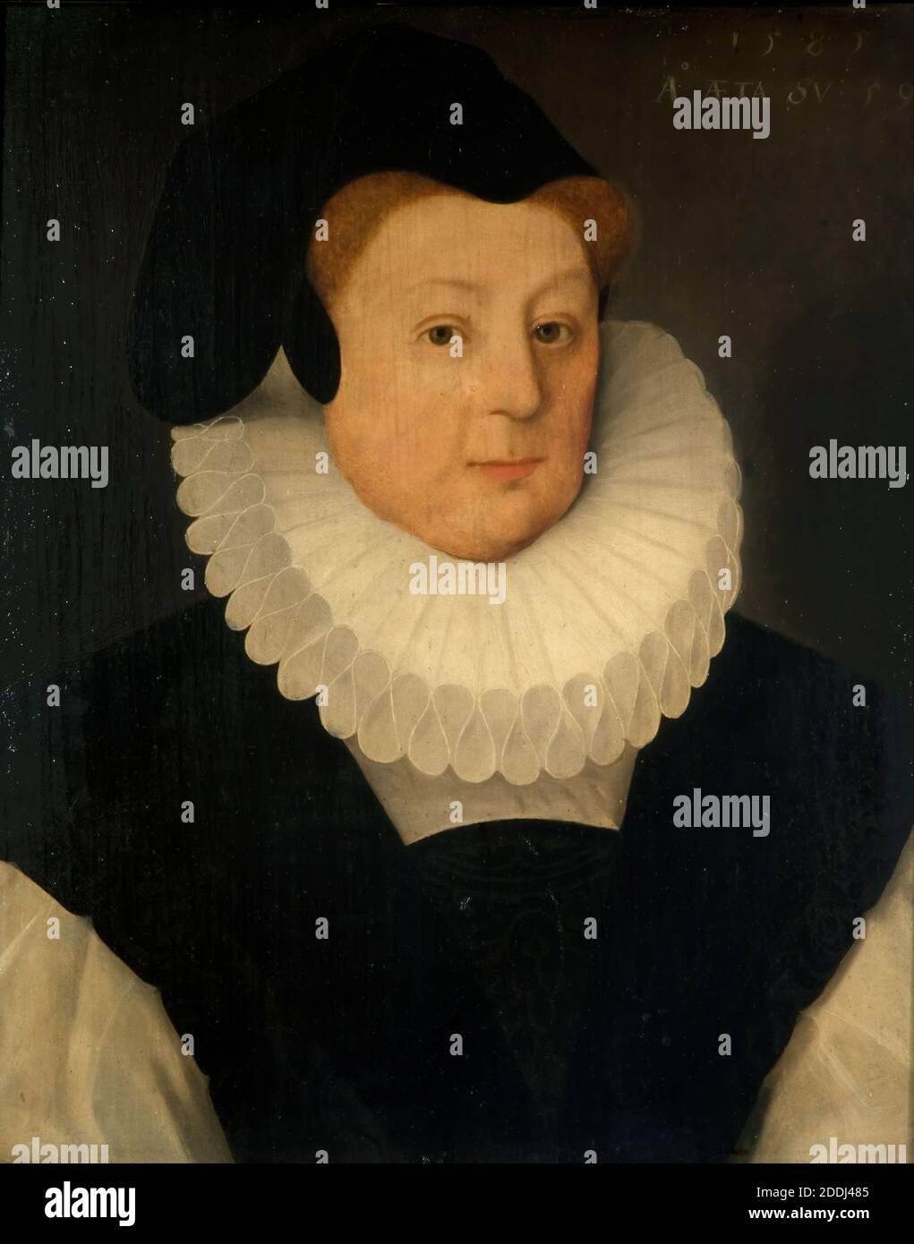 Porträt von Katherine, Lady Gresley, 1585 British School, Kostüm, Frauen, Kragen, Ruff, Textilien, Spitze, 16. Jahrhundert Stockfoto