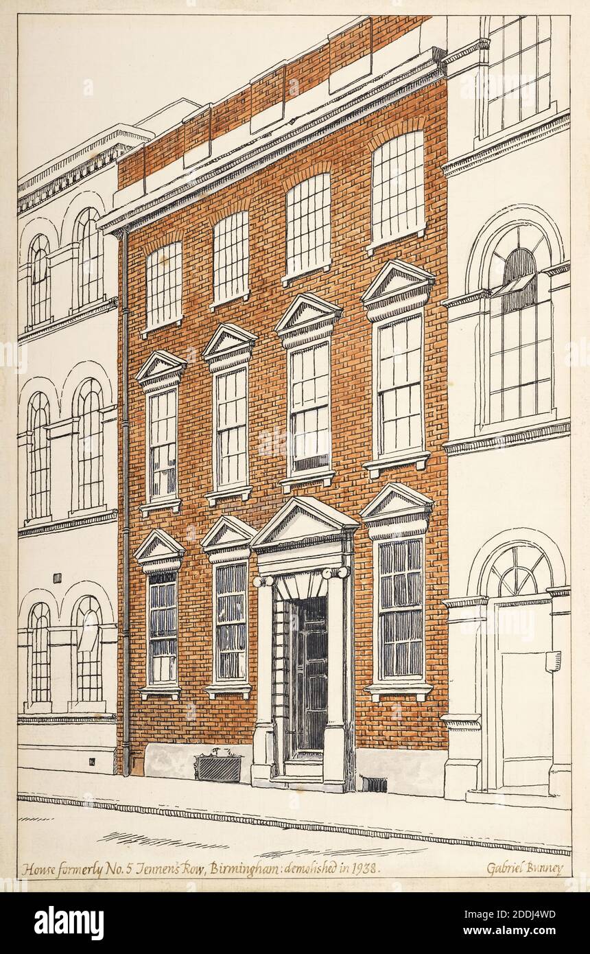 Topographische Ansicht von Birmingham, Ink und Aquarell Nummer 5, Jennens Row, Birmingham von Gabriel Bunney, Sozialgeschichte, topographische Ansichten, Architektur, England, Midlands Stockfoto