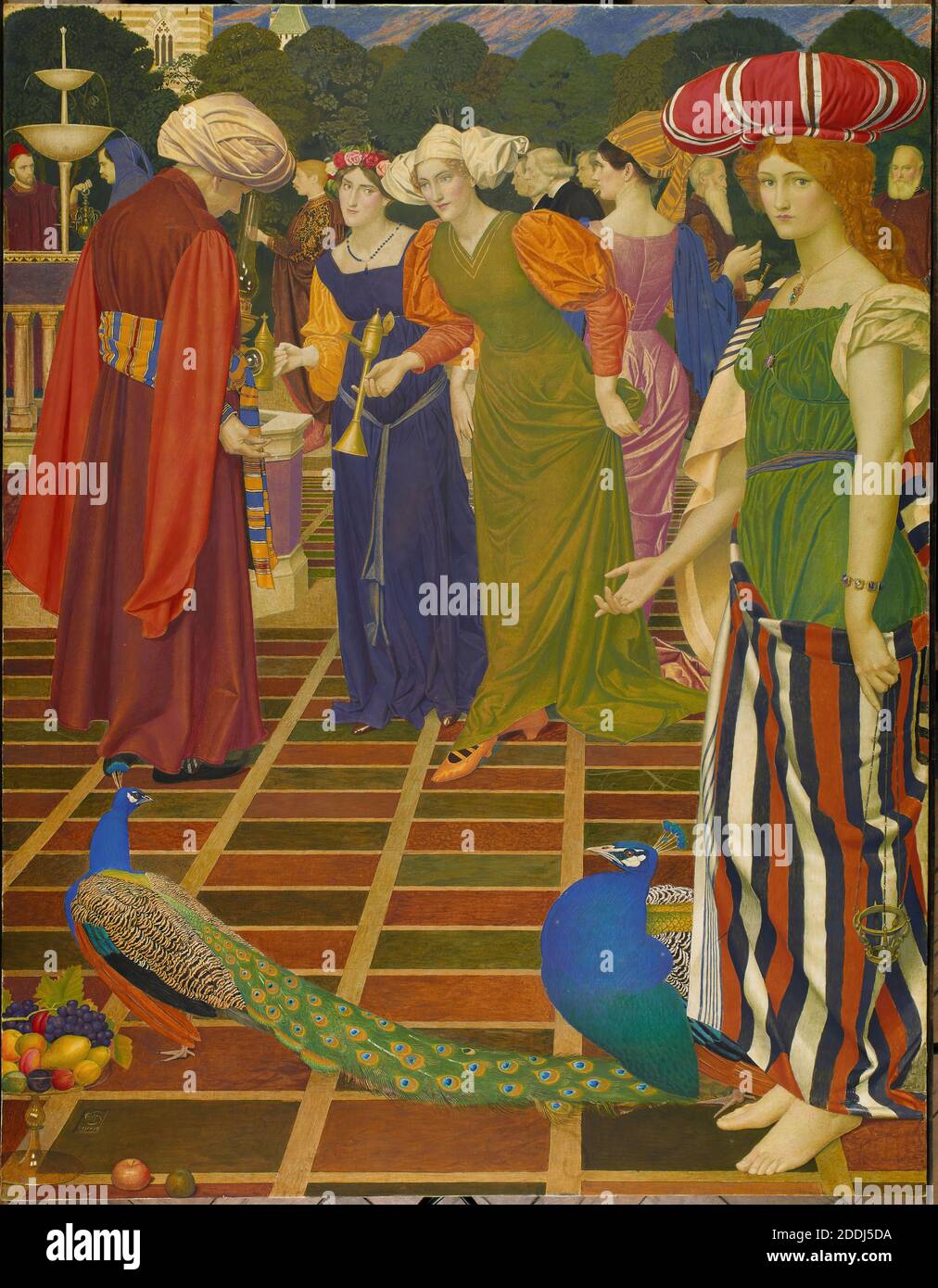 New Lamps for Old, 1901 Künstler Joseph Edward Southall das von Anna Elizabeth Southall vergoldete Thema ist der Geschichte von Aladdin in der Tausendundeine Nacht (die arabischen Nächte) entnommen. George Breeze verzeichnet (in 'Joseph Southall 1861-1944, Artist-Craftsman', Birmingham Museums & Art Gallery, 1983): 'Die Figuren von links nach rechts sind: Der Künstler, Arthur Gaskin, (der Magier), Charles March Gere, Mrs F. Wood, (Aladdins Frau), William Littleboy, Alderman White, Joseph Sturge, Anna Elizabeth Baker, John E. Baker (Scheherazade), und Alderman Baker Stockfoto