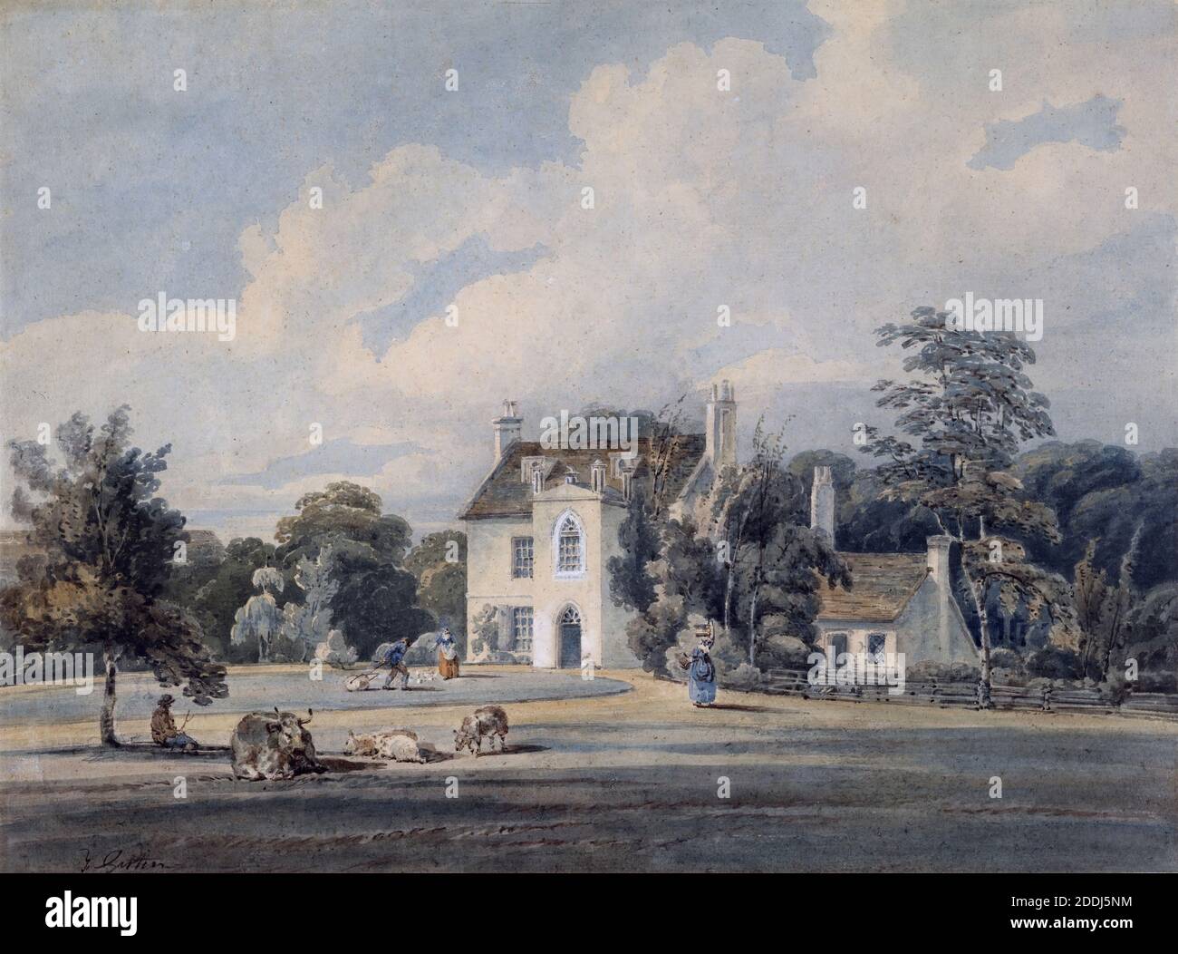 Chalfont Lodge, Buckinghamshire, 1795-96 Thomas Girtin, Landschaft, Aquarell, England, Tier, Kuh, Land, Architektur, Haus Stockfoto