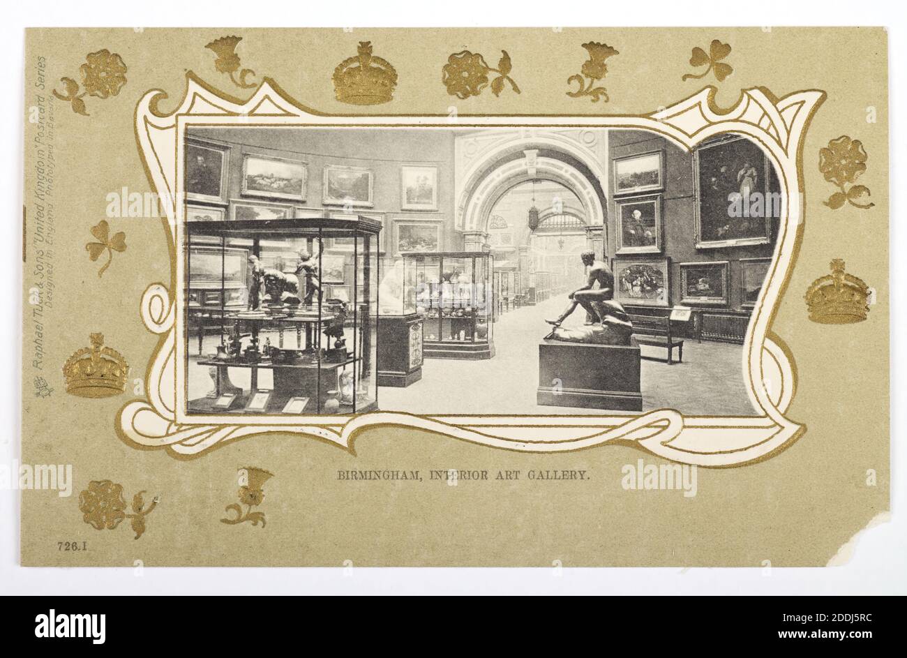 Postkarte, Birmingham Museum & Art Gallery Round Gallery, 1900-1910, Interior of Round Gallery, BMAG, in geprägtem grünen Rand der nationalen Embleme., topographische Ansichten, Birmingham Geschichte, Round Room Stockfoto
