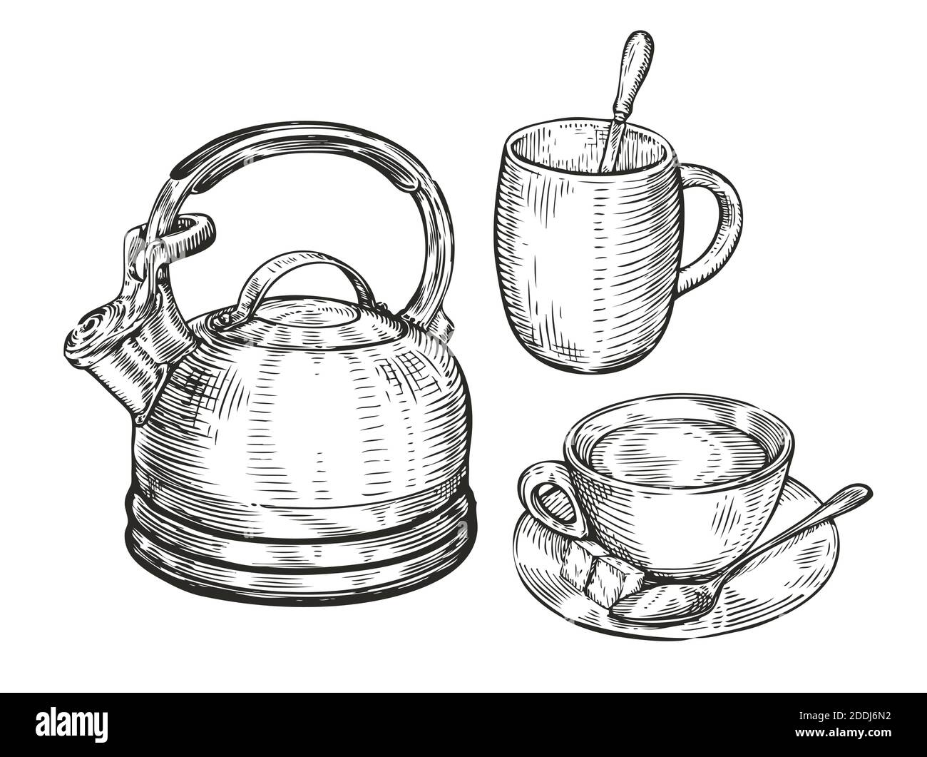 Skizze des Teekonzepts. Küchengeräte Vintage Vektor Illustration Stock Vektor
