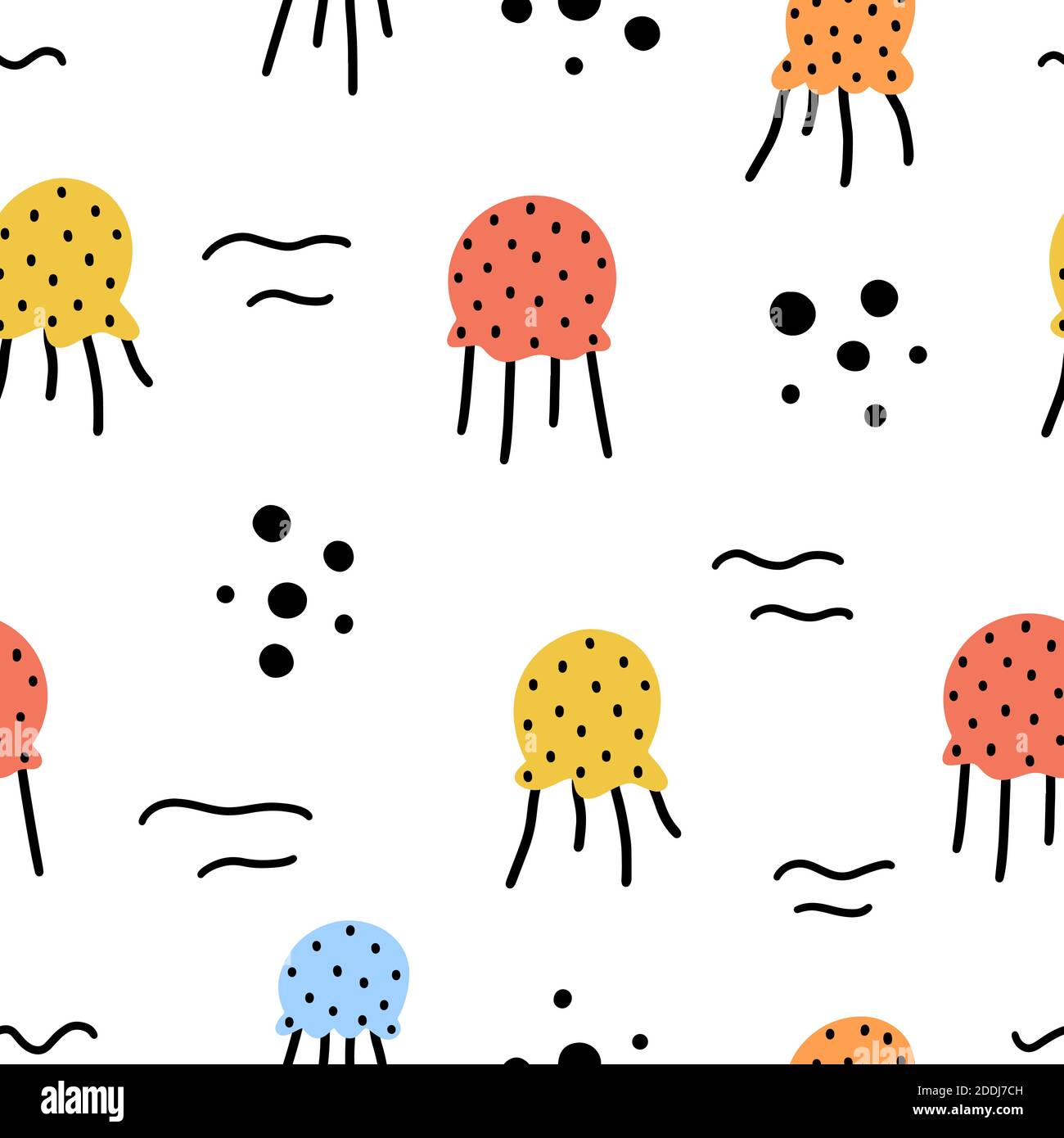 Niedliche Baumschule nahtlose Muster mit bunten Quallen und abstrakte Elemente auf weißem Hintergrund isoliert. Handgezeichneter Vektor-Illus im skandinavischen Stil Stock Vektor