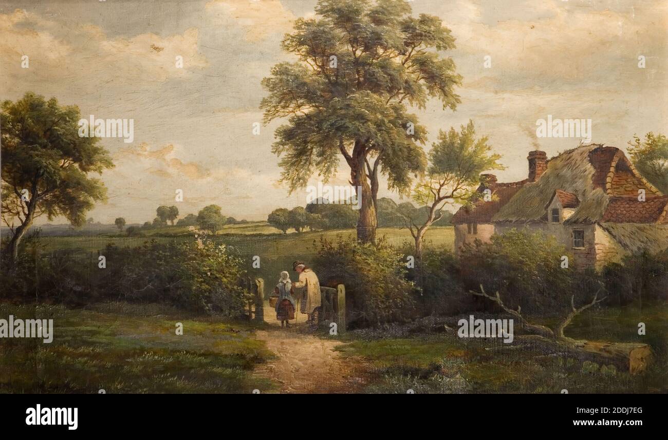 Cottage Scene, Marston Green, 1870 by W P Cartwright, Baum, Landschaft, Ölgemälde, Rural, Countryside, Birmingham Geschichte, Cottage, England, Midlands Stockfoto