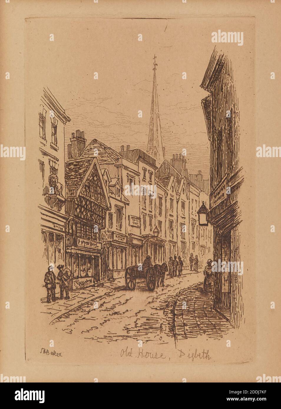 Topographische Ansicht von Birmingham, Etching Old House, Digbeth, Birmingham von Samuel Henry Baker, Sozialgeschichte, topographische Ansichten, England, Midlands Stockfoto