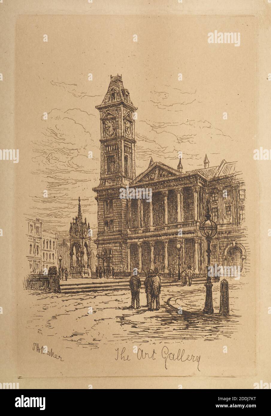 Radierung, The Art Gallery, Birmingham, 1890-1900 Künstler: Samuel Henry Baker, Vorderansicht des Birmingham Museum and Art Gallery and Chamberlain Memorial, topographische Ansichten, Druck, Radierung, Birmingham Geschichte Stockfoto