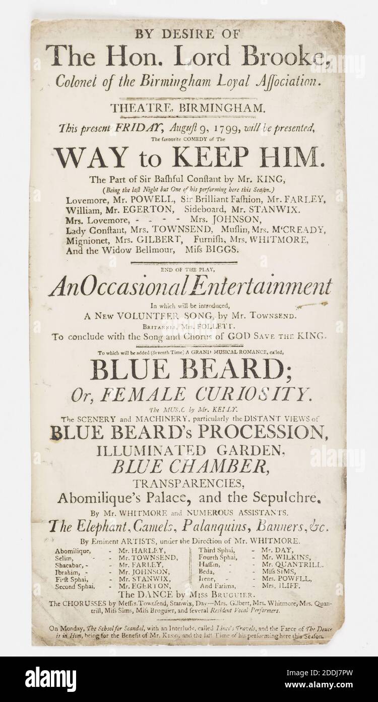 Theater Bill, Birmingham Theater, 1799, Sozialgeschichte, Papier, gedruckte Materialien, Musik, Theater, Birmingham Geschichte, Theater, Performer Stockfoto