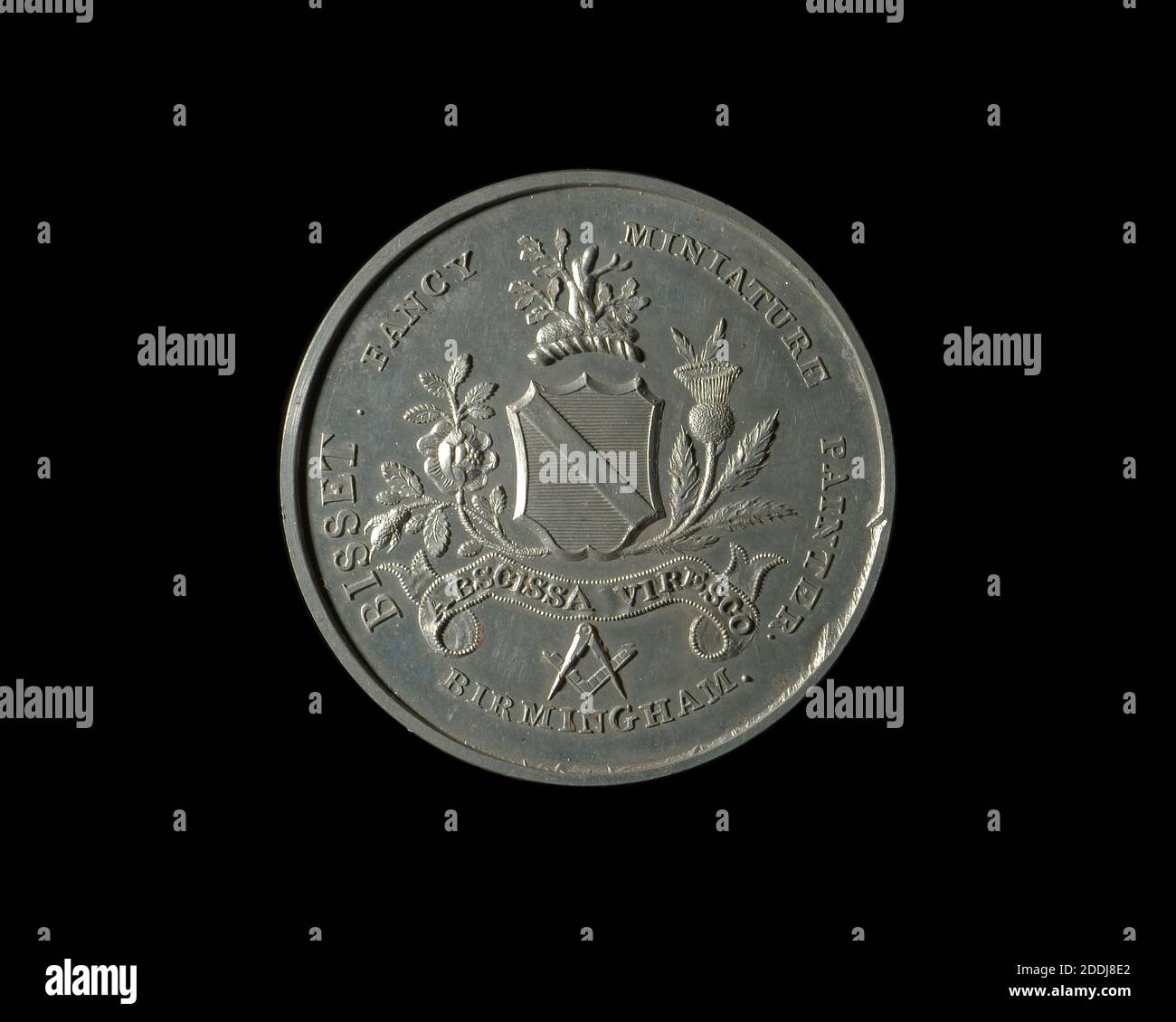 Vorderansicht 19th Century Advertising Medal, Bisset's Museum, Birmingham, Numismatik, Medaille, Birmingham Geschichte, Reklamen Stockfoto