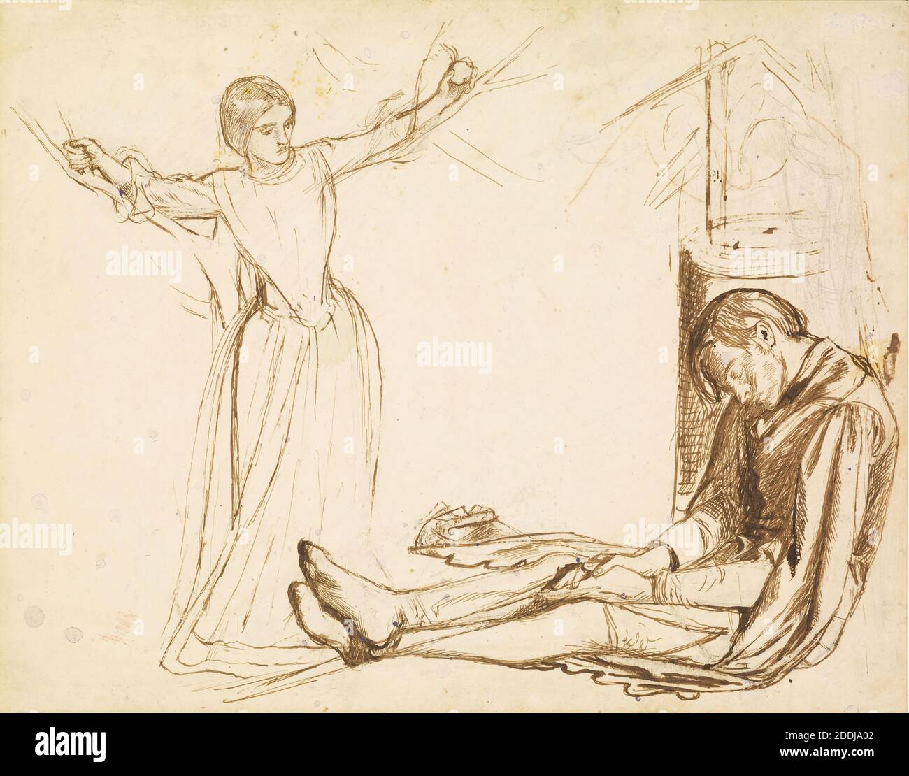 Launcelot im Heiligtum des Heiligen Grals, Studie für die Figuren von Guenevere und Launcelot für Sir Launcelot's Vision, 1857 Dante Gabriel Rossetti, Zeichnung, Tinte, Skizze, Pre-Raphaelite, Weiblich, Arturian Legend, Männlich Stockfoto