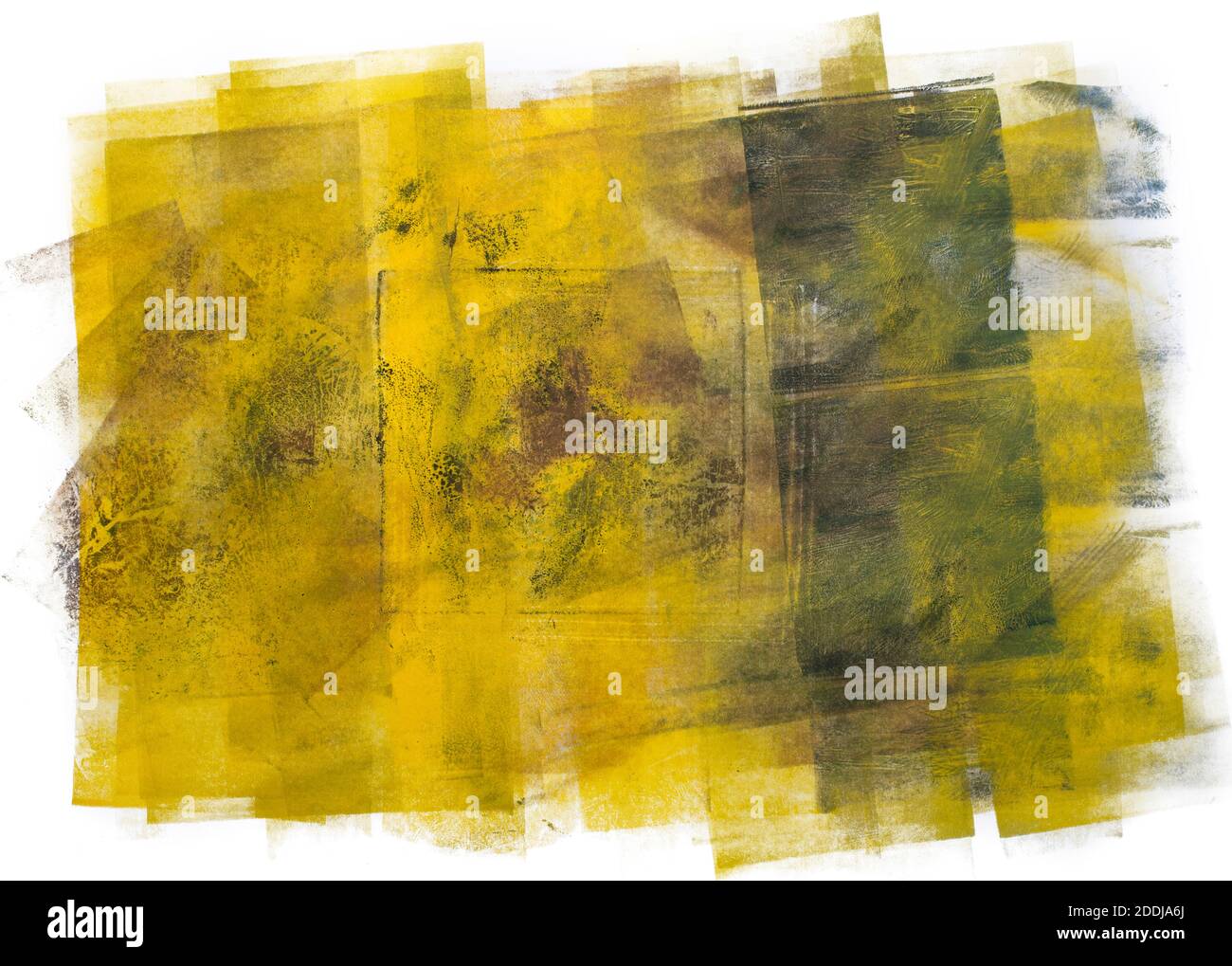 Abstrakter Hintergrund mit Acryl-Stokes und Flecken. Gelb und schwarz auf weißem Papier. Stockfoto