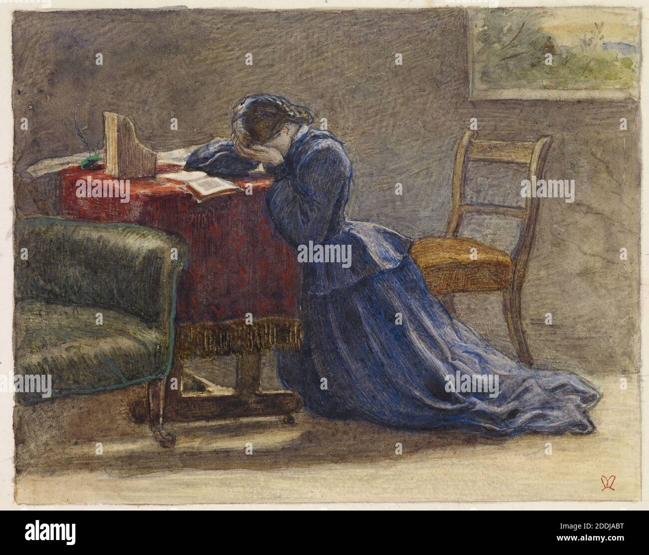 Eine Frau, Gesicht in beiden Händen kniete sie auf dem Teppich, 1863 von John Everett Millais, Aquarell, Weiblich, Traurigkeit Stockfoto