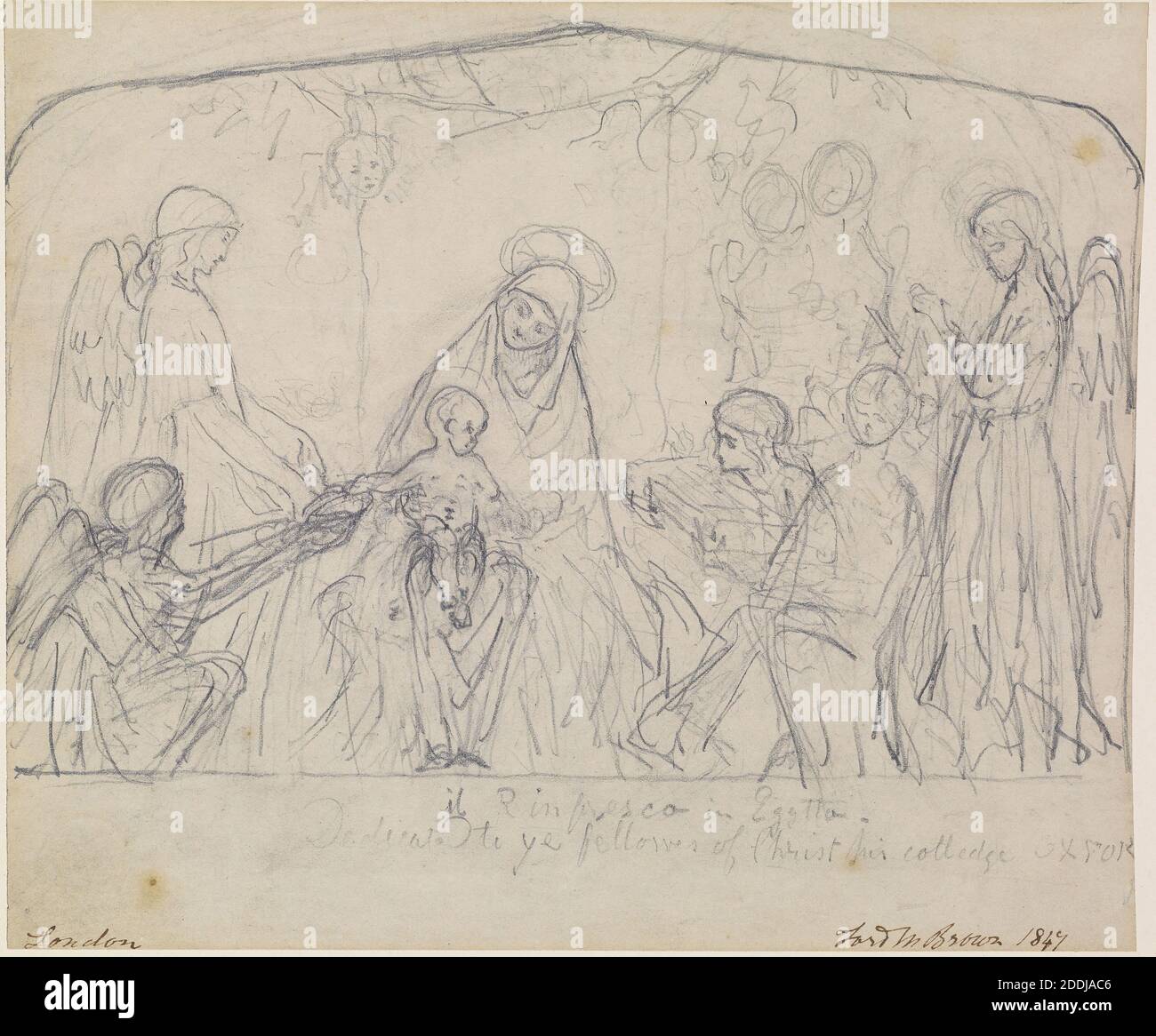 Die Ruhe in Ägypten, kompositorische Skizze, 1847 Ford Madox Brown, Kunstbewegung, Pre-Raphaelite, Zeichnung, Bleistift, Ägypten, Religion, Engel, Jungfrau Maria, Geburt, Skizze, Kind, Religion, Jesus Christus, Studium, sitzend Stockfoto