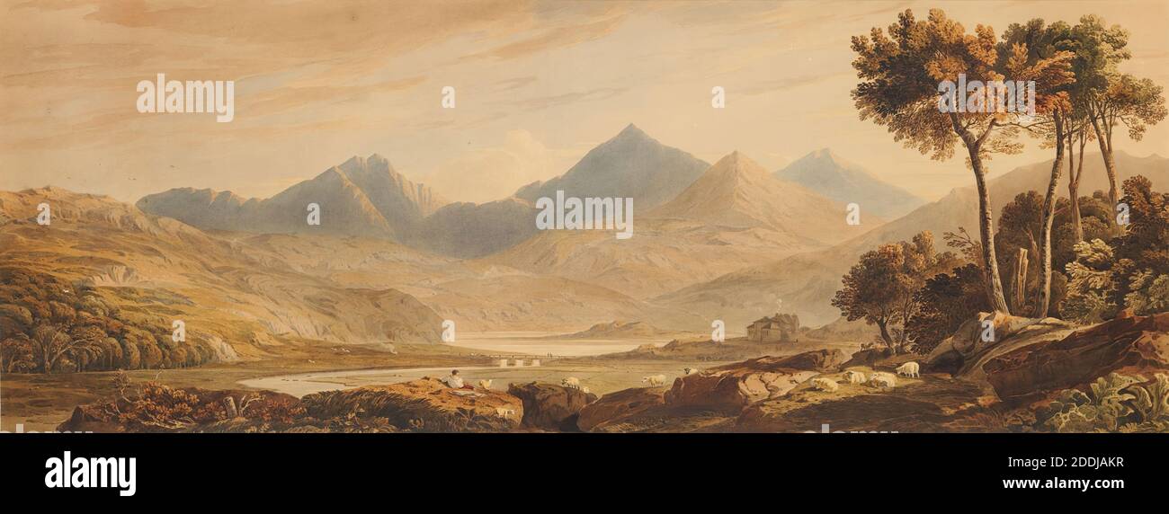 Snowdon Aus Capel Curig, 1810 John Varley, Landschaft, Berg, Aquarell, Tier, Schafe, Land, Wales, Snowdonia Stockfoto