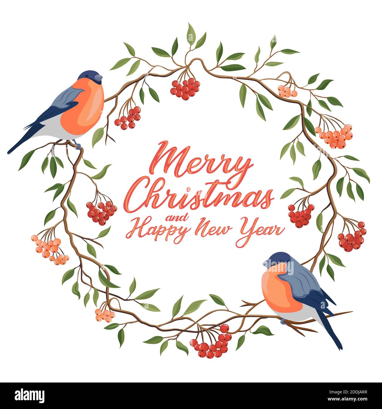 Hand gezeichnet Frohe Weihnachten Typografie in Eberesche Winterkranz mit Bullfinken Banner. Feier Text mit Beeren und Blätter für Postkarte, Symbol Stock Vektor