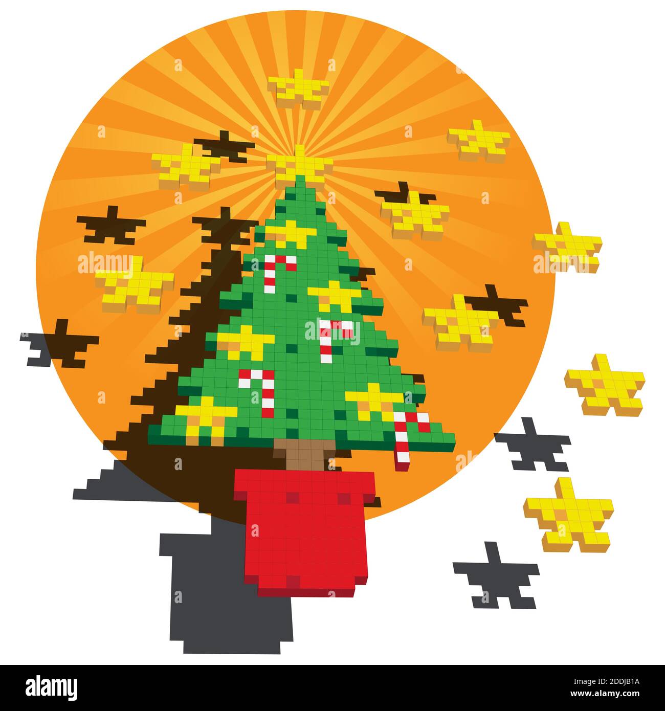 Eine Würfelpixel-Illustration eines Weihnachtsbaums mit Sternen und Candy Canes vor einem orangefarbenen kreisförmigen Hintergrund. Stock Vektor