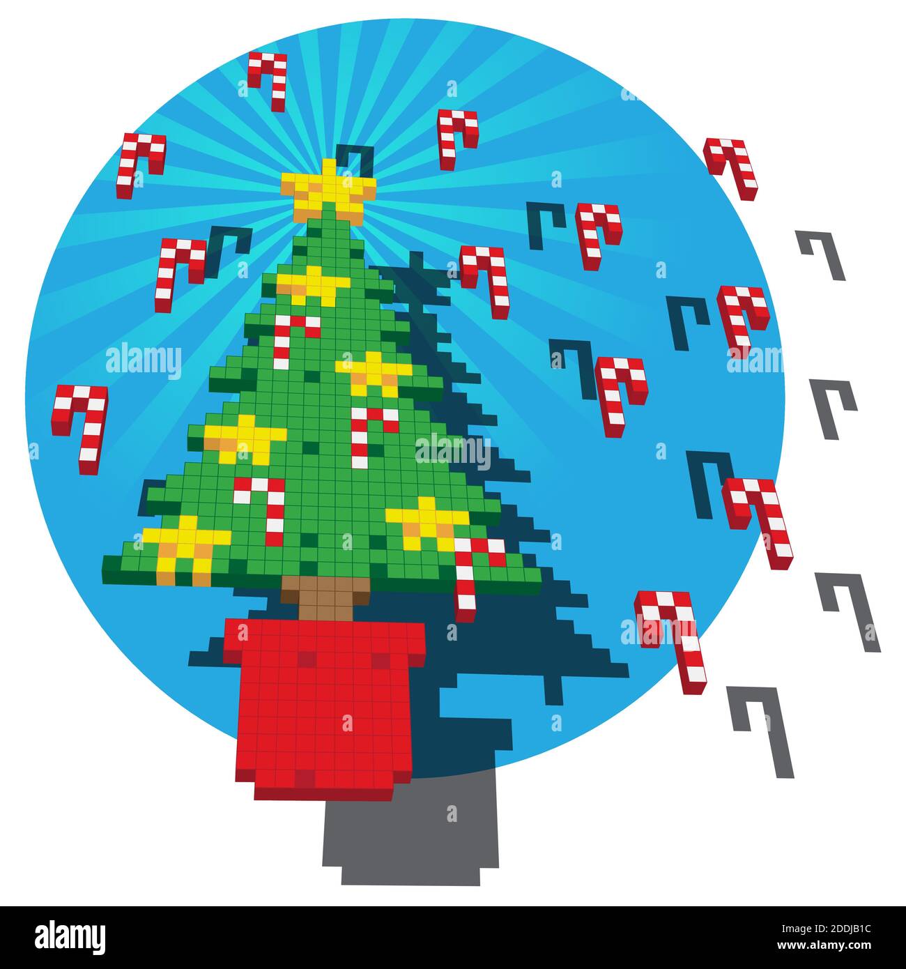 Eine Retro-Spiel Pixel-Illustration eines Weihnachtsbaums mit Sternen und Candy Canes vor einem blauen kreisförmigen Hintergrund. Stock Vektor