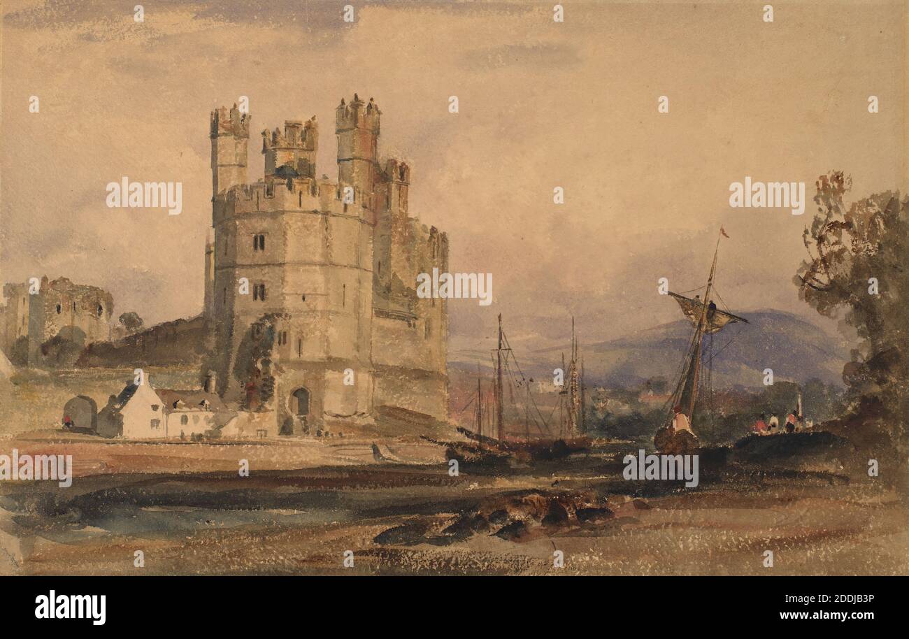 Caernarvon Castle, 1836 Von Peter De Wint, Landschaft, Aquarell, Wales, Schloss Stockfoto