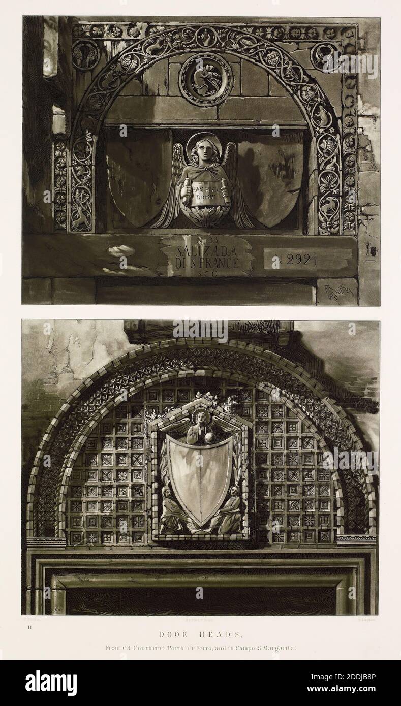 Beispiele der Architektur von Venedig, Türköpfe von Ca Contarini Porta di Ferro; und in Campo S. Margarita, 1887 Graveur: Thomas Lupton Etcher: Thomas Shotter Boys Künstler: John Ruskin, Architektur, Präraffaelite, Druck, Gravieren, Italien, Venedig Stockfoto