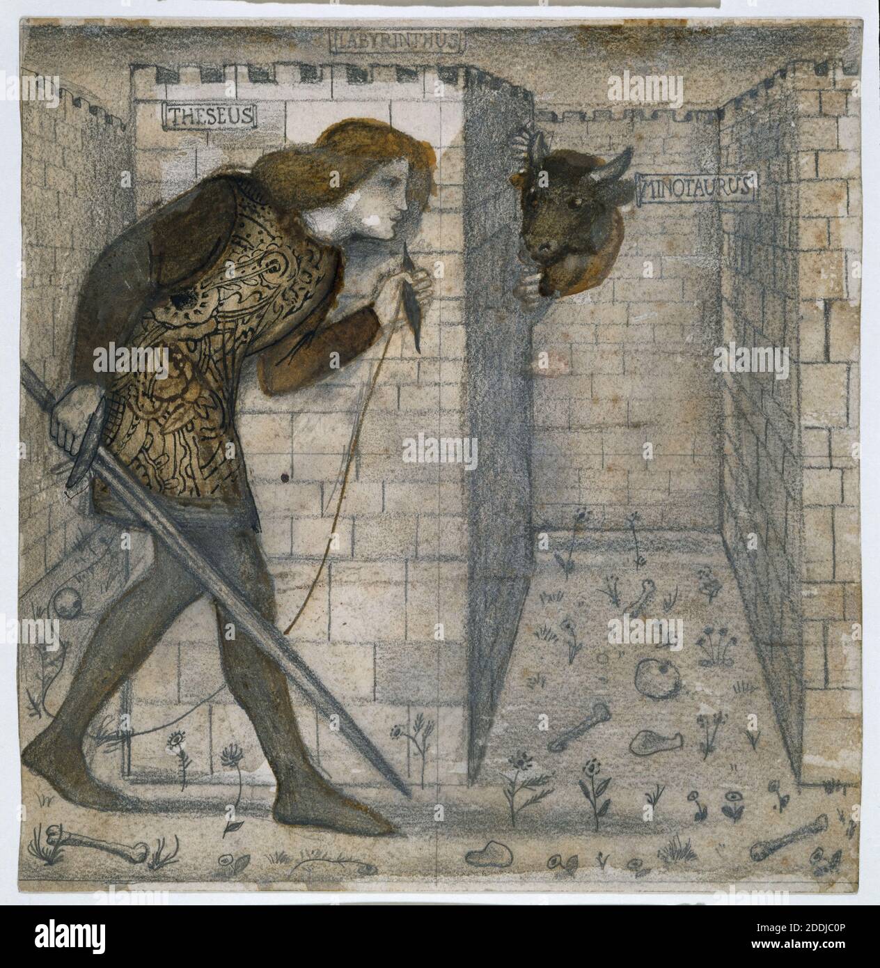 Tile Design, Theseus and the Minotaur in the Labyrinth, 1861 von Sir Edward Burne-Jones, Griechische Mythologie, Zeichnung, Bleistift, Präraffaelite, Parabola Japan, Wash Drawing, Study Stockfoto