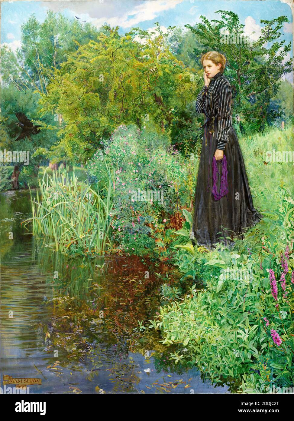 Boer war, 1900-1901, Last Summer Things Were Greener, 1901 von John Byam Liston Shaw. Grün, Gras, Pre-Raphaelite, Reflexion, Trauer, Großbritannien, Großbritannien, Frau, Weiblich, Gras, Blumen, Bäume Stockfoto