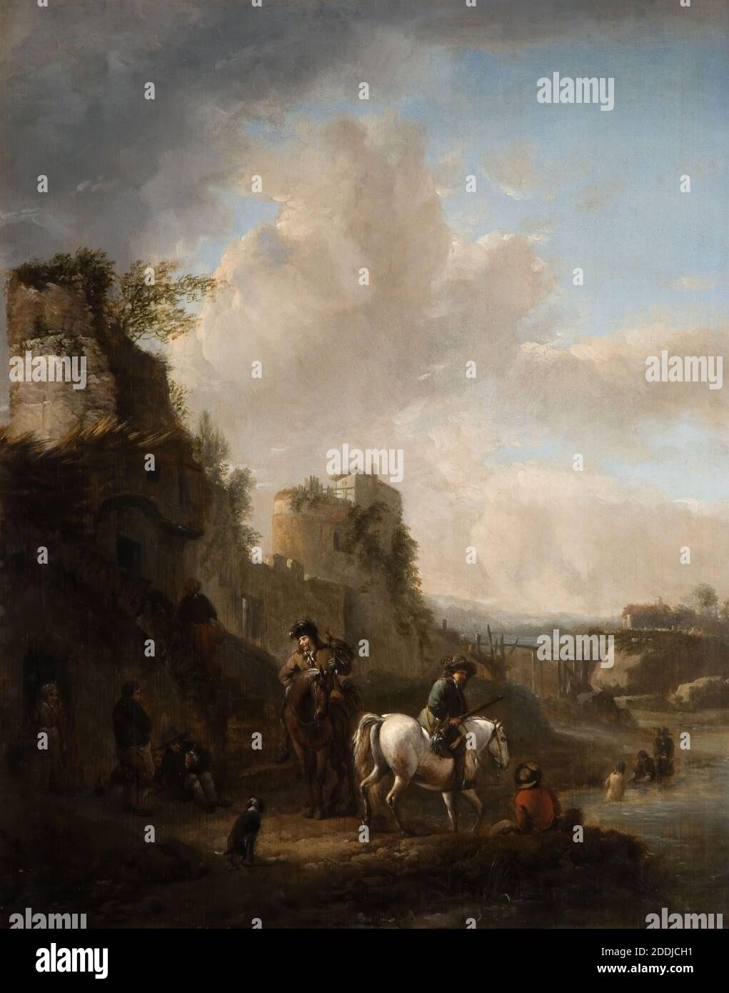 The Ford, 1655-1665 Barrend Gael, Landschaft, Ölgemälde, Niederländisch, Barock, Ruinen, Wolke, Tier, Hund, Tier, Pferd, Fluss Stockfoto