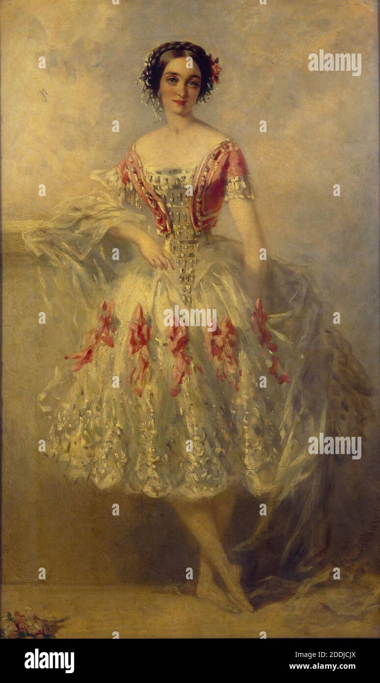 Porträt von Marie-Adeline Plunkett, 1854 Richard Buckner, Marie Adeline Plunkett war ein Star des romantischen Balletts. 1843 trat sie erstmals in der Ballettkompanie des her Majesty's Theatre, London, auf. Sie wurde aus der Kompanie entlassen, nachdem sie während einer Aufführung mit einer anderen Tänzerin, die ihr Rivale für die Zuneigung des Earl of Pembroke war, einen Zwischenfall hatte. In diesem Gemälde , Buckner basiert Adeline's Pose auf der klassischen Statue von Merkur in den Uffizien Galerie , Florenz . , Kostüm , Ölgemälde , Porträt , Frau , Theater , Tanz , Ballett , Ganzkörperansicht Stockfoto