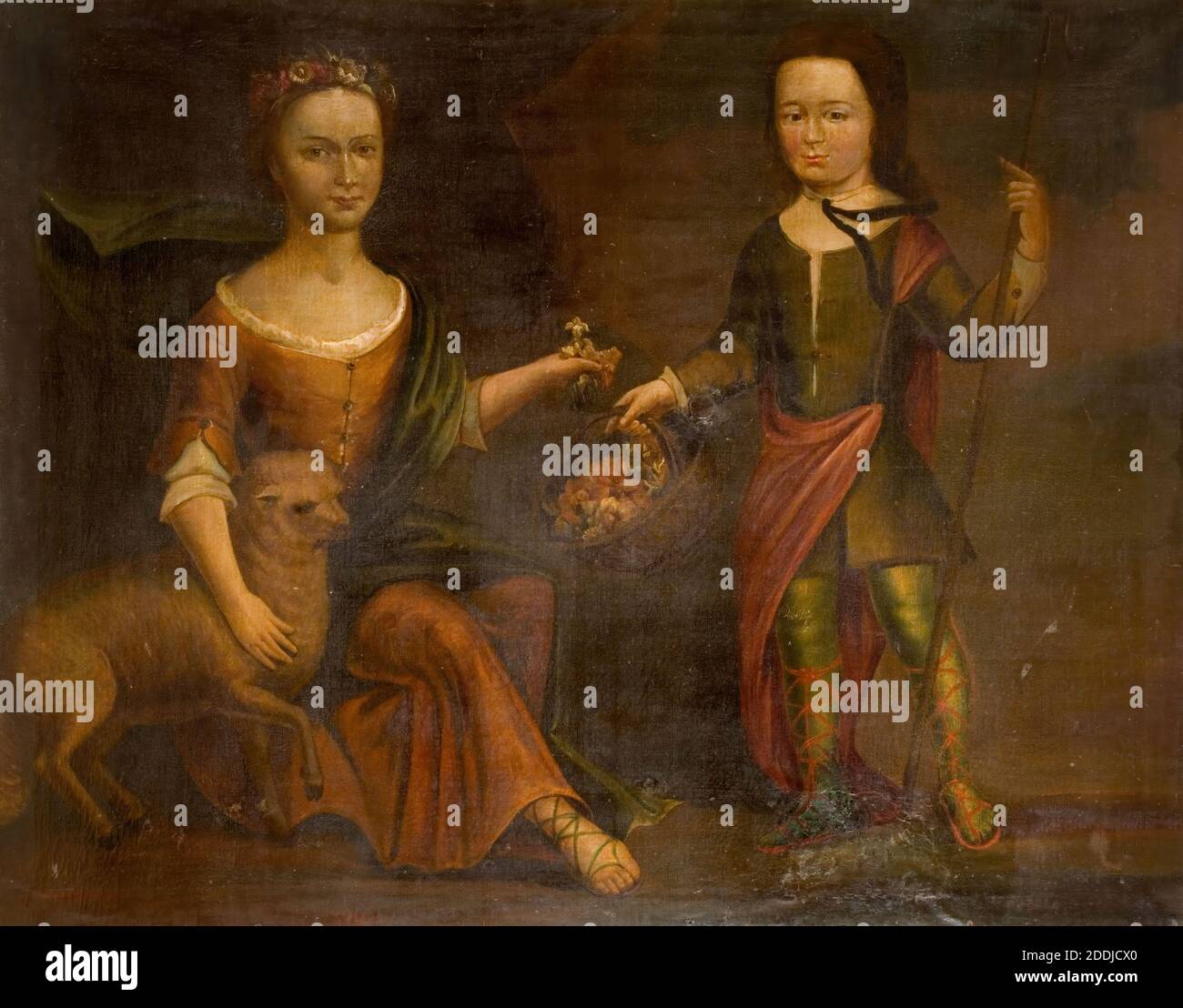 Zwei Kinder Der Familie Holte, 1800 British School, Mädchen, Ölgemälde, Porträt, Tier, Schaf, Kind, Junge Stockfoto
