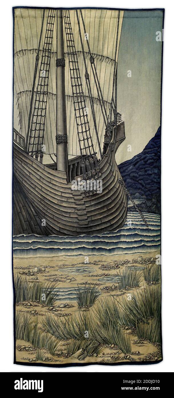 Quest for the Holy Gral Tapisserien, Panel 5, The Ship, 1900 Designer: Edward Burne-Jones Designer: William Morris, Designer: John Henry Dearle, Hersteller: Morris & Co, The Fifth Narrative Panel of the series., Applied Arts, Boat, Arts and Crafts, TextilienPräraffaelite, Tapisserie, Arturian Legend, Holy Gral, Ship Stockfoto