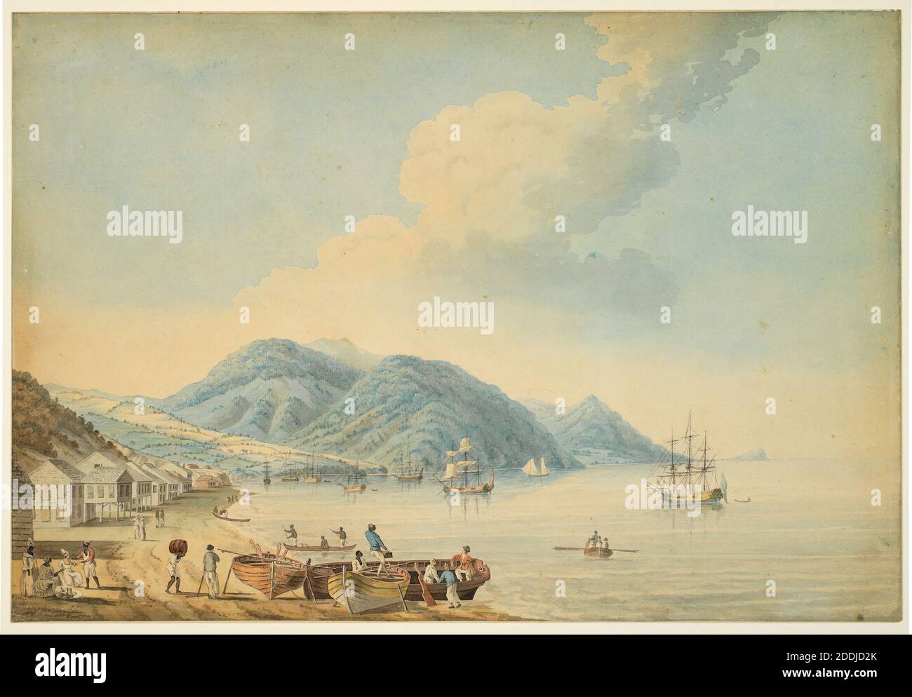 Stadt und Hafen von Montego Bay, Jamaika, 1780. Von Nicholas Pocock, 1740 – 1821, ein britischer Künstler, der für seine vielen detaillierten Gemälde von Seeschlachten während der Segelzeit bekannt ist. Boot, Landschaft, Zeichnung, Aquarell Stockfoto