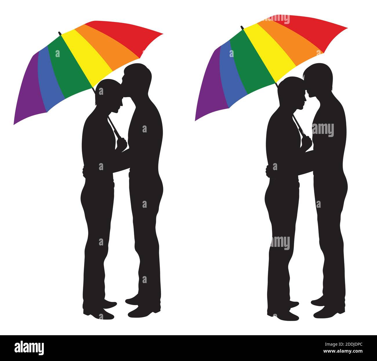 Zwei Männer mit einem Regenschirm. Isoliert auf Weiß. Stock Vektor