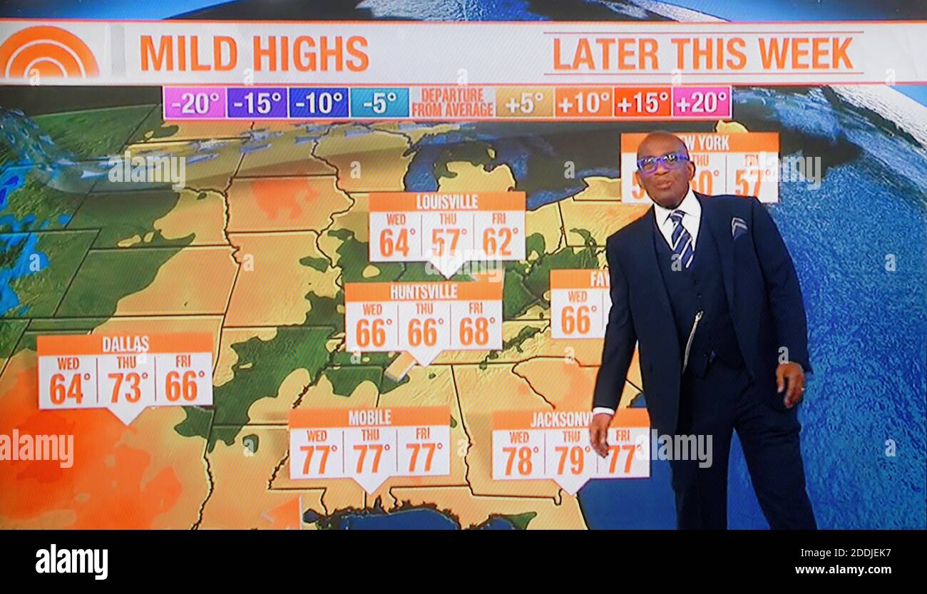 Ein TV-Screenshot von NBC TODAY Show Weatherman und Feature Anker und Persönlichkeit Al Roker auf der Show New York Set während einer Live-Übertragung. Stockfoto